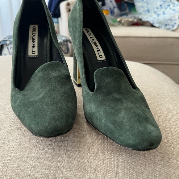 Karl Lagerfeld Paris "Gracie" Green Suede Heels Gold Detail on Sole/Heels. 6 - Picture 3 of 4